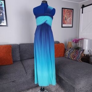 BCBGMaxAzria One-Shoulder Ombre Blue to Teal Maxi Dress